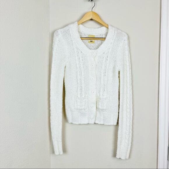 FOSSIL Ivory Knit Pocket Classic Cardigan Juniors MEDIUM Sweater Woolblend - Picture 6 of 7